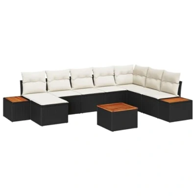 Image de Canapé de Jardin 9 Pièces avec Coussins Rattan Noir Acacia 3356817