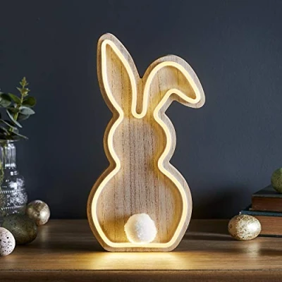 Image de Lights4fun Lampe Néon de Table Lapin en Bois avec LED Blanc Chaud à Piles pour Intérieur