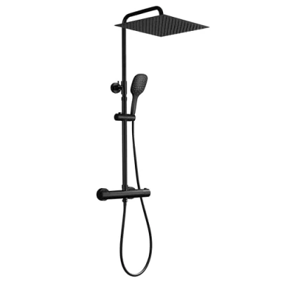 Image de JOHO Inoxy 304 Colonne de Douche Noir avec 38 C Mitigeur Thermostatique Inox Mural Réglable Douchette Salle Bain Ensemble Baignoire Pommeau 30x30cm