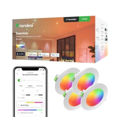 Image de Nanoleaf Matter Essentials Pack de 4 Spots LED Encastrables Connectés RGBW Lampes Intelligentes, sur Thread, Bluetooth, Compatible Google Apple, Synchro Musique et Ecran, Salon Bureau Gaming