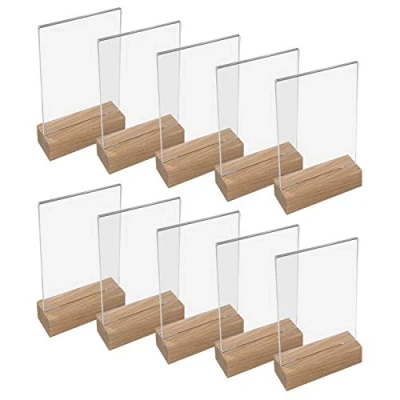 Image de HMF 46940 Présentoir de Table Acrylique avec Base en Bois 10 Pièces DIN A6 Format Portrait Transparent