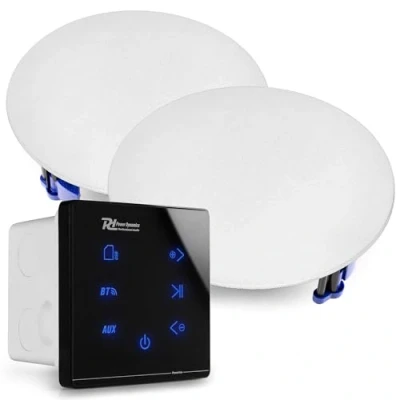 Image de Power Dynamics Powerline A50BSET Kit Amplificateur 2X 20 Watts avec Enceintes de Plafond, Récepteur sans Fil Bluetooth, USB et Micro SD, Écran Tactile, Livré Télécommande