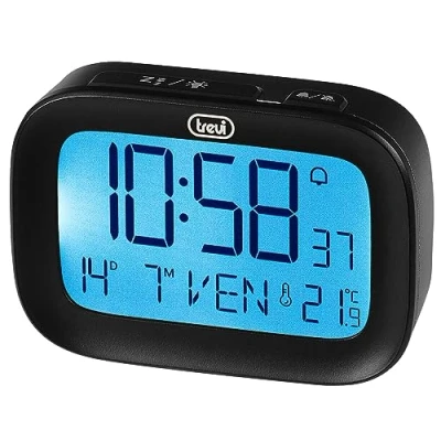 Image de Trevi SLD 3850 Réveil numérique avec thermomètre intégré, Grand écran LCD, Horloge et Calendrier, Fonction Snooze, Noir