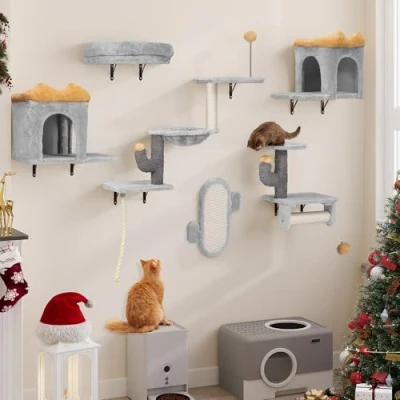 Image de YITAHOME Ensemble de 7 Murs d&#039;escalade pour Chats, Cadre en Peluche Robuste Tours Jeu Chats avec Maison, Hamac Chat et Boule Suspendue, Gris Clair Jaune