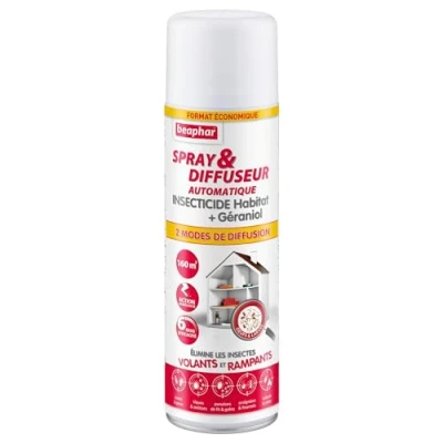 Image de BEAPHAR Spray &amp; Diffuseur automatique insecticide habitat Tue les insectes volants, rampants, œufs et larves Permet de traiter 160 m² Action longue durée jusqu&#039;à 6 mois Flacon 500 ml