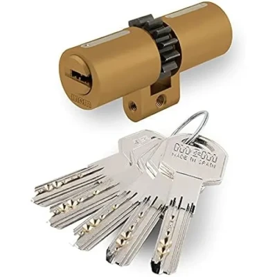 Image de Cylindre de sécurité profil suisse 33 43 laiton, avec roue 14 dents. SPR14:33 LCM