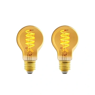 Image de Amazon Basics Lot de 2 ampoules LED E27, vintage, verre ambré rétro style antique, A60, 4 W (équivalent à 25 W), lumière ultra chaude 1800 K pour la décoration