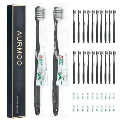 Image de Brosse à Dents Manuelle, 20 Brosses Jetables et Durables, Biodégradables, Sans BPA, avec Ensemble de Dentifrice, Durable, Manche Plat