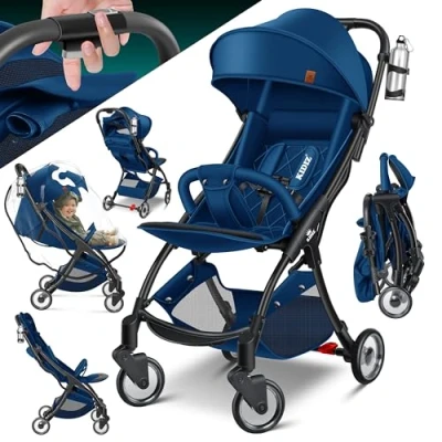 Image de KIDIZ® Poussette pliable de qualité supérieure Roues à 360 Sangle 5 points Porte gobelet et housse pluie Dossier réglable capote Bleu marine