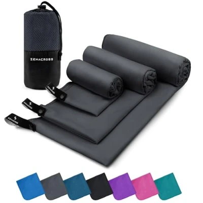 Image de ZENACROSS Serviette Microfibre Set de 3 avec Sac Transport Sport Compacte, Séchage Rapide et Absorbante Taille XS, S, M Gris Foncé