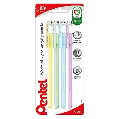 Image de Pentel K108P Hybrid Milky roller gel couleurs pastel 4 pcs (vert, violet, jaune, bleu)