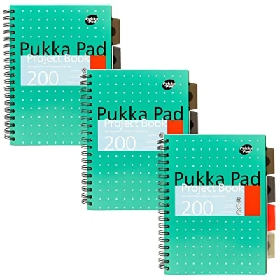 Image de Pukka Pad, Lot de 3 cahiers projet B5 à 5 sujets avec intercalaires repositionnables 200 pages papier 80 g/m² Lignes 8 mm et bords perforés Vert métallisé 25 x 19 cm