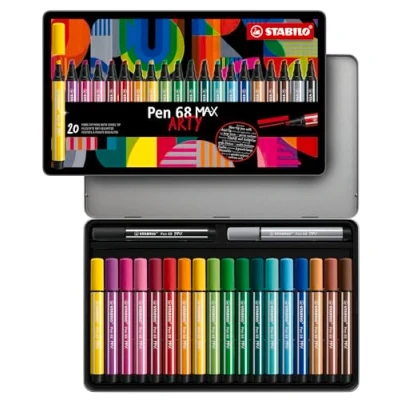 Image de Feutre dessin STABILO Pen 68 MAX Boite métal de 20 Feutres Coloriage Pointe Large, Gamme ARTY