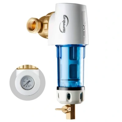 Image de iSpring WSP50GR E Filtre à Eau Sédiments Réutilisable 50 Microns avec Grattoir Intégré, Tête Pivotante 360, Manomètre, Bleu… (WSP50GR E)