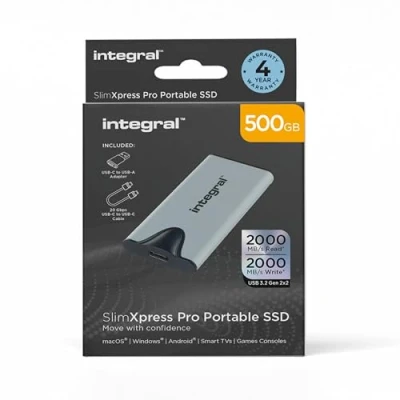 Image de Integral SlimXpress Pro SSD Portable 500GB USB C 3.2 Gen 2x2 Vitesse de Lecture et d&#039;écriture 2000MB/s. Boîtier en Aluminium avec Plug &amp; Play. Compatible Mac, PC, Android, Xbox Plus