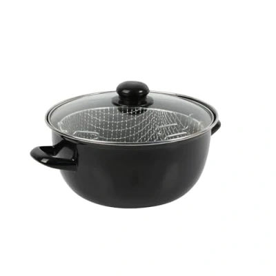 Image de Crealys 545412 Friteuse traditionelle en Acier Emaillé Noir Ø20 cm avec panier étamé + couvercle verre tous feux dont induction