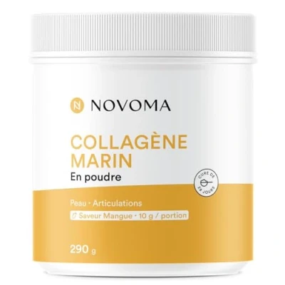 Image de NOVOMA Collagène Marin Poudre Type 1 &amp; 3, Peau Articulations, 10g par Portion, Cure de 28 jours, Breveté Naticol Avec Vitamine C, Pot 290g Saveur Mangue, Made in France