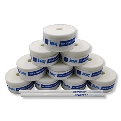 Image de KNAUF® Lot de 10 Bandes recouvrement En fibre verre Rouleau 25 m Largeur : 50 mm d&#039;armature pour l&#039;enducation des joints kit avec 2 crayons charpentier DEWEPRO®