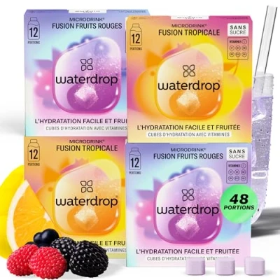 Image de waterdrop® Microdrink Coffret Fusion de Fruits 48 Pastilles d’Hydratation, Cubes Boisson aux 2 Saveurs: Tropicale &amp; Rouges, Eau Aromatisée Sans Sucre avec Vitamine C B