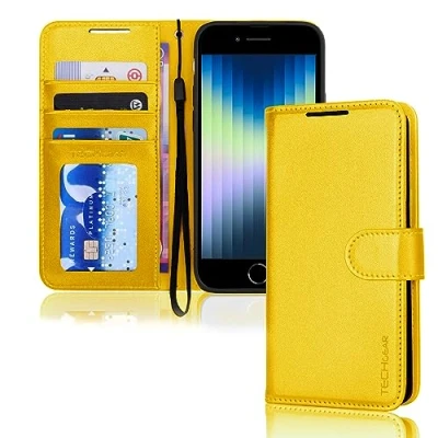 Image de TECHGEAR Étui portefeuille en cuir synthétique jaune pour iPhone SE 2022 5G/2020, 8/7/6, avec porte cartes et dragonne, fermeture magnétique 3/SE 2/iPhone 8 7 6 6S 4,7&quot;