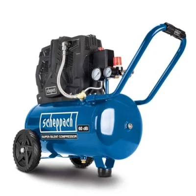 Image de Scheppach Compresseur Bicylindre Super Silencieux HC25Si 1100W Cuve 24L 8bar de pression Sans Huile &amp; peu d&#039;entretien Admission d&#039;air 230 L/min Raccords rapides Facile transport