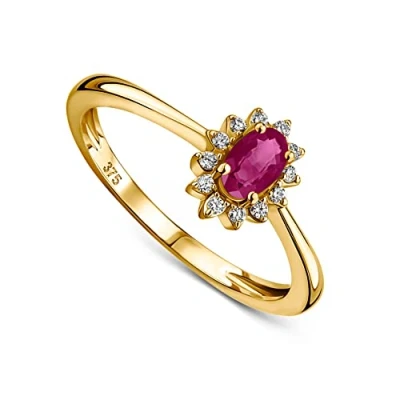 Image de MIORE Bijoux pour Femmes Bague de Fiançailles Fleur avec Pierre Précieuse Naissance ovale Rubis rouge naturel entouré 12 Diamants Brillants 0.07 Ct en Or Jaune 9 carats (375)