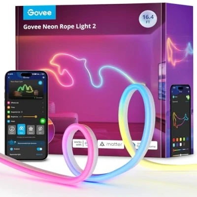 Image de Govee Neon Rope Light 2, RGBIC Ruban LED Néon 5m avec Clips Bende, Fonctionne Matter, Alexa et Google Assistant, Mappage de Forme, Effets d&#039;éclairage DIY, Bande pour Décoration Murale, Blanc