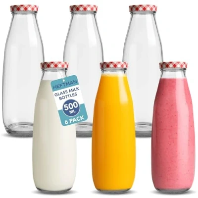 Image de HEFTMAN Lot de 6 bouteilles lait en verre avec couvercles Vide 500 ml Bouteille hermétique vichy rouge pour boissons, HM3301