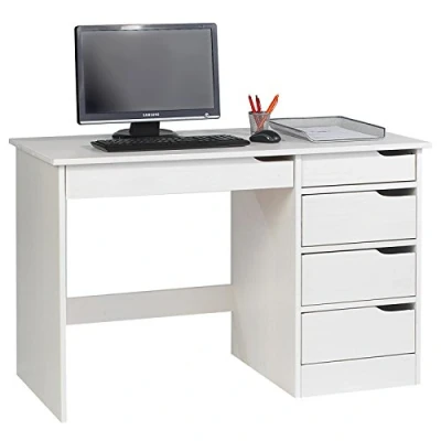 Image de IDIMEX Bureau avec Rangement Hugo Grand 5 tiroirs, au Design scandinave et épuré, en pin Massif lasuré Blanc