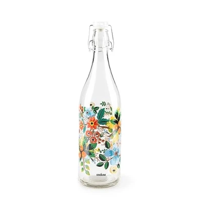 Image de Excelsa Fleurs Frida Bouteille d&#039;eau, 1 litre, verre, avec joint d&#039;étanchéité