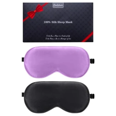 Image de Lot de 2 masques sommeil, pour les yeux, en soie pure 100% naturelle avec sangle réglable, bloque la lumière, réduit yeux gonflés