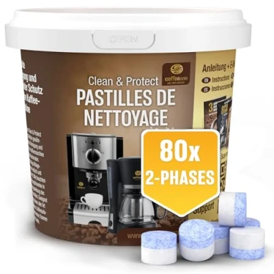 Image de 80x 2 phases Pastille de nettoyage pour Jura, Krups, Melitta, Delonghi, Siemens, Philips, Bosch, Tassimo, Nespresso, Sage, Senseo machines à café automatiques et cafetières Coffeeano