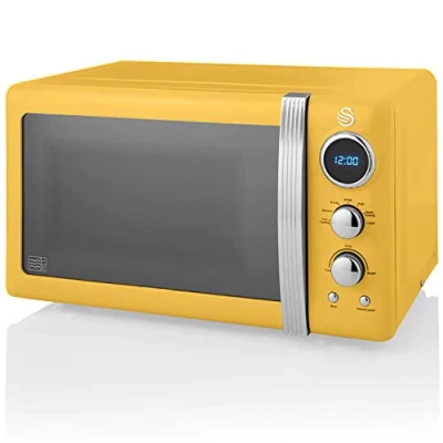 Image de Swan Retro SM22030YELNEU Micro ondes Numérique 20L, 5 Niveaux de Puissance, Fonction Décongélation, Minuterie 60 Minutes, Porte à Effet Miroir, Plateau Tournant 27cm, Design Vintage, Jaune, 800W