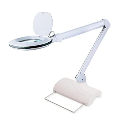 Image de Lumeno 8615GR Lampe loupe avec grande lentille ovale 110x150 mm, 60 LED à intensité variable sur 2 niveaux, parfaite comme aide la lecture, pour cosmétique, 5 dioptries gris trépied de table