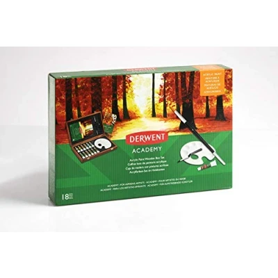 Image de Derwent Academy Set 12 Peintures Acryliques dans un Coffret en Bois, Pinceau Palette et Papier Inclus, 2305674