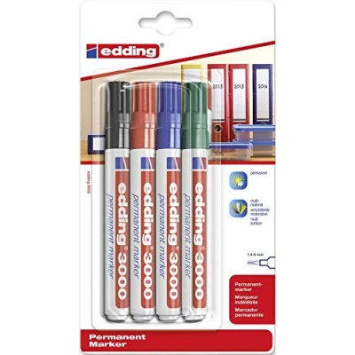 Image de edding 3000 marqueur permanent noir, rouge, bleu, vert 4 stylos pointe ronde 1,5 3 mm sèche vite résiste à l&#039;eau et l&#039;essuyage pour carton, plastique, bois, métal universel