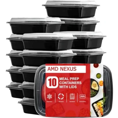 Image de AMD Nexus AMDNMPCREC16 Lot de 10 récipients alimentaires en plastique à 1 compartiment réutilisables sans BPA avec couvercles hermétiques Passent au micro ondes, congélateur et lave vaisselle,