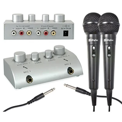 Image de Skytec Mini pack pour karaoké Pré amplificateur ultra compact avec mixage et deux micros main (effet écho, connexion TV ou chaîne HiFi)