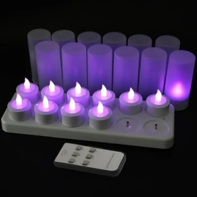 Image de EuroFone Sans flamme Bougie LED Rechargeable Tealight Lampes de thé Avec Support 12pcs/set (Purple with remote)