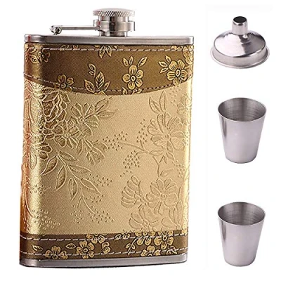 Image de Riveryy Acier Inoxydable Flasque Alcool 250 ML, Portable Hip Flask Ensemble De for La Hanche 8 Oz,Motif Fleurs Dorées 2 Petites Tasses en, 1 Entonnoir, pour Voyage Pêche Et Escalade