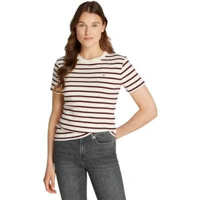 Image de Tommy Hilfiger New Slim Cody C NK SS WW0WW40587 Hauts tricotés S/S, Beige (Fine STP Calico/Deep Rouge), XXL Femme