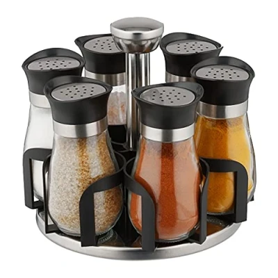 Image de relaxdays Tourniquet à épices, avec 6 Pots, étagère rotative 360, INOX, Verre, HxD 16 x 17 cm, carrousel, Argent/Noir