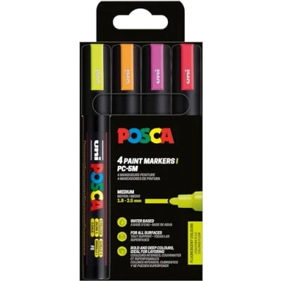 Image de Uni Ball 182548 POSCA Marker Set, 4 stylos acryliques néon PC 5M, marqueur permanent 1,8 2,5 mm pointe ogive