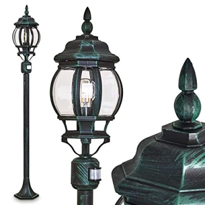 Image de hofstein Lampadaire extérieur Lentua avec détecteur de mouvements, luminaire vintage en aluminium moulé vert/noir 120 cm haut, pour 1 ampoule E27, ampoule(s) non incluse(s), IP44