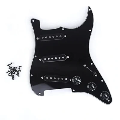 Image de Musiclily Pro Alnico 5 Pickguard Pré câblé SSS micros à simple bobinage pour Fender Strat Stratocaster Guitare, Noir