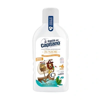 Image de Pasta del Capitano, Rince bouche junior au goût menthe douce, sans alcool, empêche la formation de caries, idéal pour les enfants à partir 6 ans, 100% fabriqué en Italie, flacon 400 ml