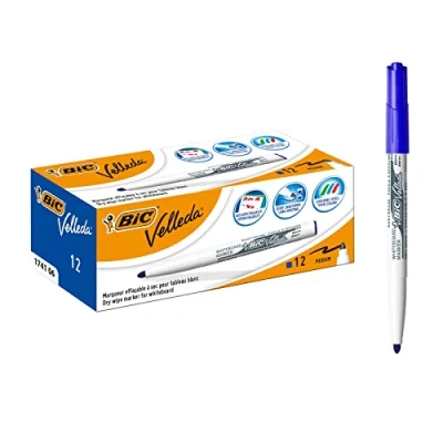 Image de BIC Velleda marqueur 1741 Feutres pour Tableau Blanc Effaçables à Sec, Pointe Conique Moyenne Bleu, Boîte de 12