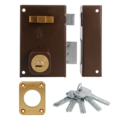 Image de Amig Serrure de surposition droite avec levier fermeture, langue et poignée pour portes en bois Mod. 75 72 x 112 mm Cylindre Rond Sécurité Acier Marron