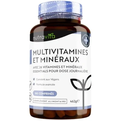 Image de Multivitamines et Minéraux 365 Comprimés (12 Mois) 26 Nutriments dont Zinc Fer Selenium Vitamine C A B D3 E K Vitamines, Compléments Vegan Haute Absorption Nutravita