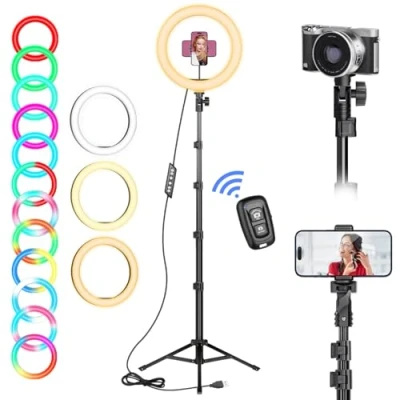 Image de Ring Light avec Trépied Grand, 182cm/71.5 Trepied Smartphone Lumineux, Anneau Lumineux 10&quot; pour Selfie, Maquillage, Camera Vlog, TikTok